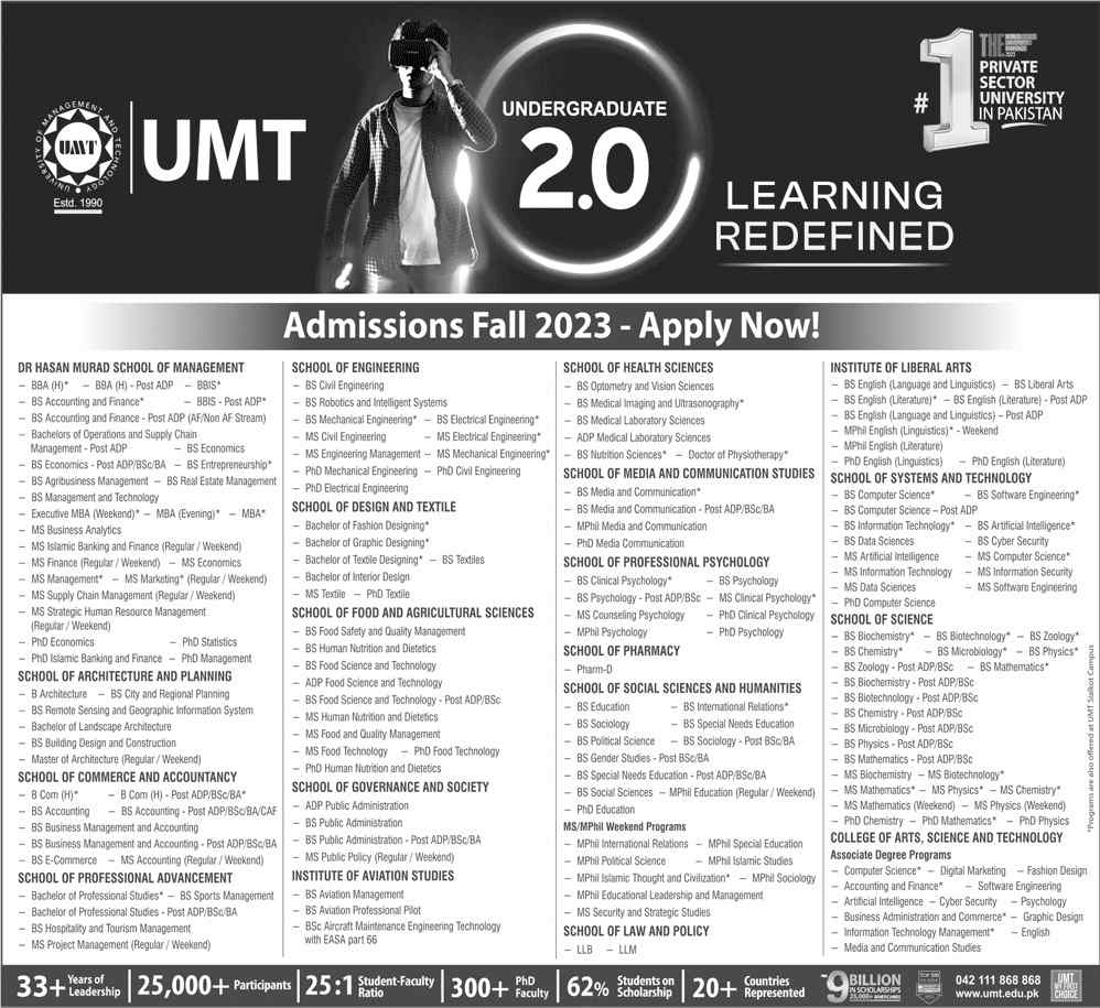 UMT Admission 2023 Online Apply Last Date | umt.edu.pk