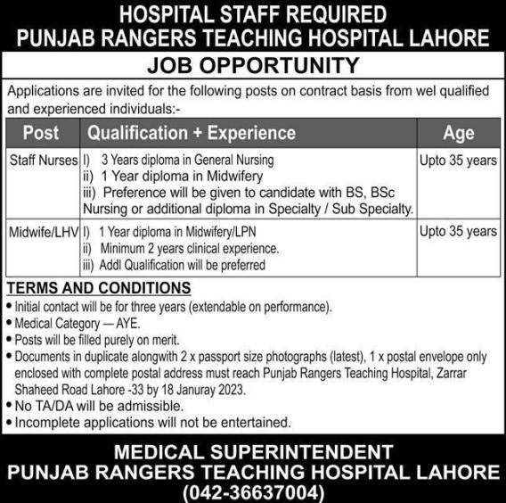 Punjab Rangers Teaching Hospital Lahore Jobs 2023 Nurses Staff