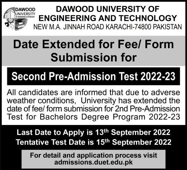 Dawood University Admission 2023 Late Date