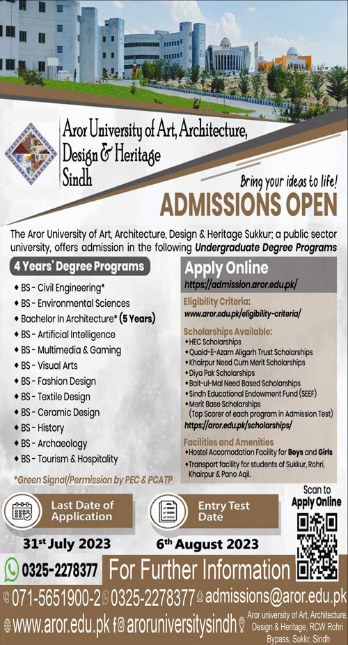 AROR University Sukkur Admission 2023 Apply Online Last Date