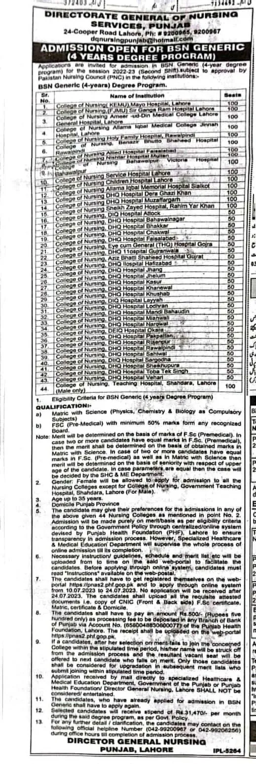 Punjab Nursing Admission 2023 In 44 Government Hospitals