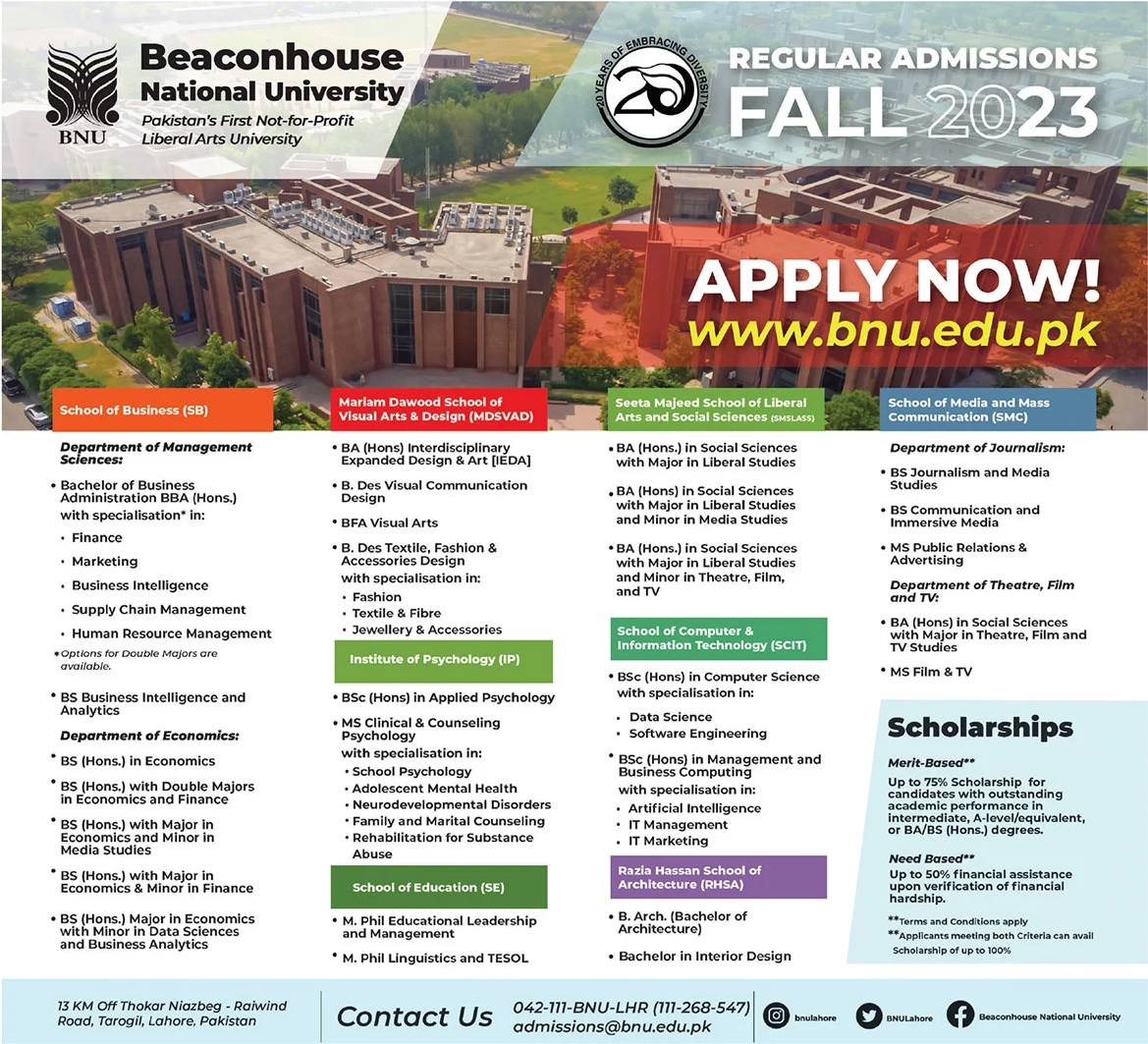 BNU Lahore Admission 2023 Apply Online Last Date