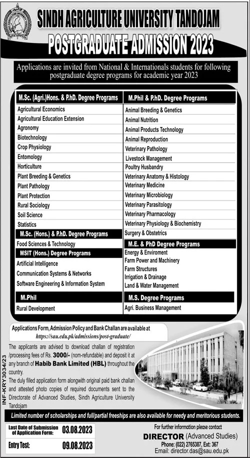 Sindh Agriculture University Tandojam Admission 2023 Apply Online